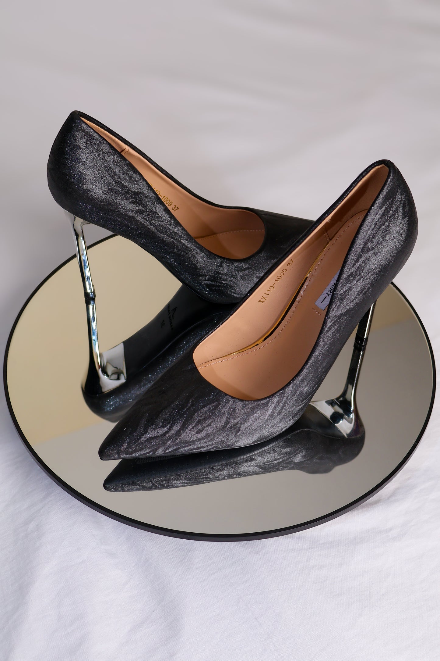 Black Shimmer Heels with Silver Heel